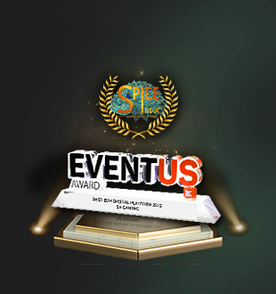 A trophy featuring the text 'EVENTUS AWARD' prominently displayed on a pedestal, with a laurel wreath above it and the 'SPiCE India' logo, set against a dark green background.