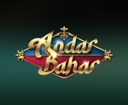 Stylized 'Andar Bahar' logo with gold letters, featuring a decorative design with red and blue elements, set against a gradient background of dark green.